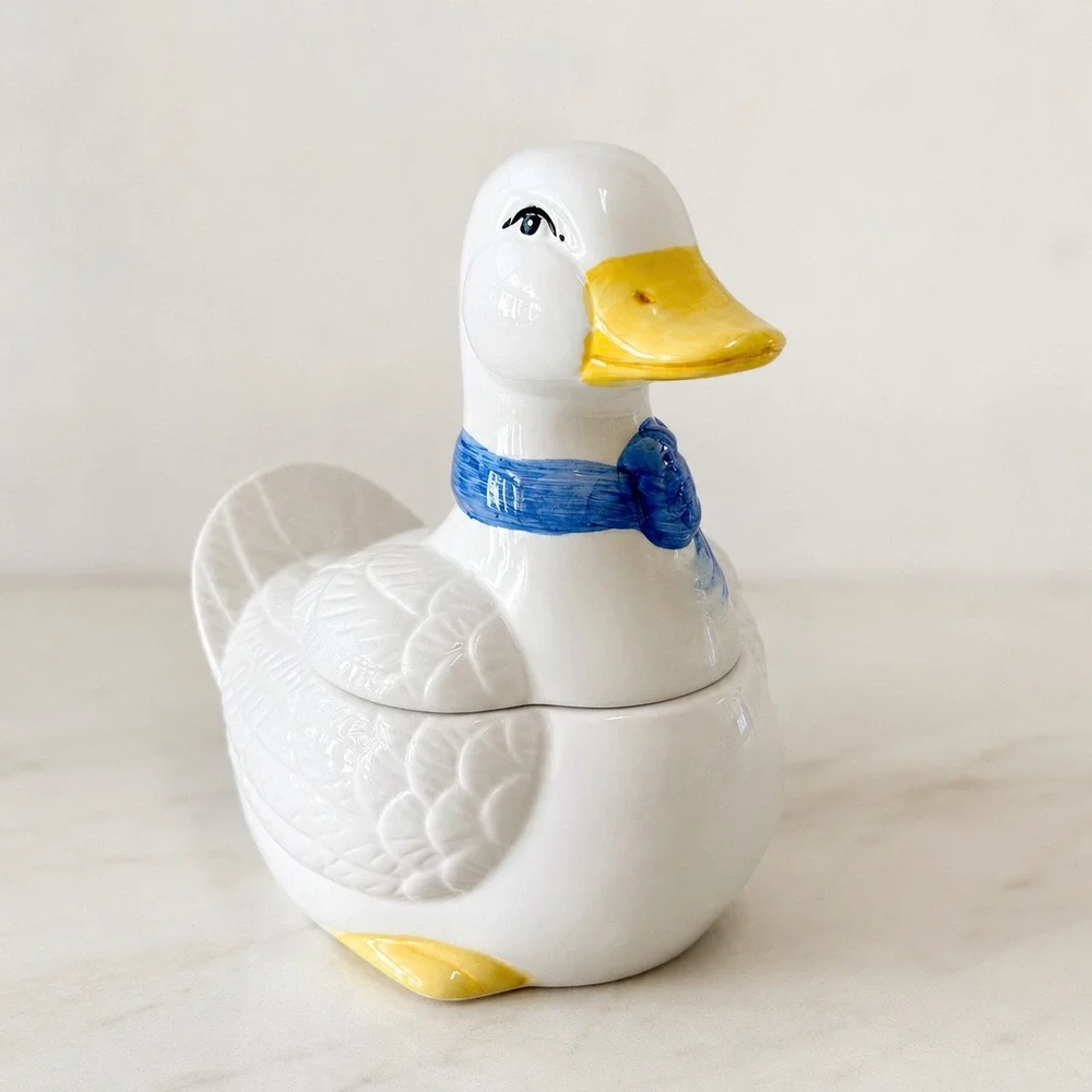 Vintage Ceramic Duck Jar White Goose Blue Bow Farmhouse Cottagecore Decor